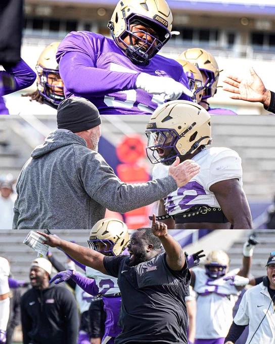 Three-photo collage from Thursday's practice with Daniel Michel, Head Coach Billy Napier and JT Kouame-Yao and Defensive Line Coach Kali James Jr.