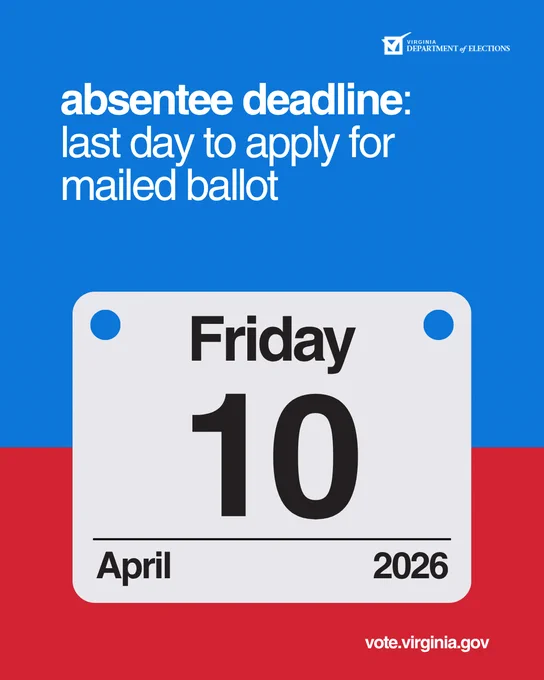 Virginia absentee ballot application deadline is Friday, April 10, 2026, the last day to request a mailed ballot.