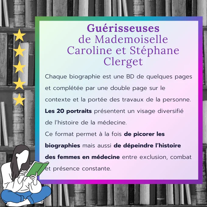 Note 5/5
Guérisseuses de Mademoiselle Caroline et Stéphane Clerget
Chaque biographie est une BD de quelques pages et complétée par une double page sur le contexte et la portée des travaux de la personne. Les 20 portraits présentent un visage diversifié de l’histoire de la médecine.
Ce format permet à la fois de picorer les biographies mais aussi de dépeindre l’histoire des femmes en médecine entre exclusion, combat et présence constante.
