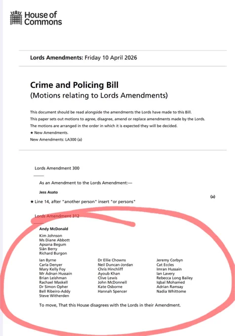 Image of a House of Commons business paper showing Motions tabled to Lords Amendments to the Crime and Policing Bill. Andy McDonald's motion rejecting govt amendment 312 on public order policing powers is signed by 30 MPs.