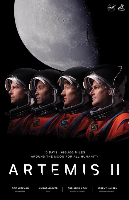  An Artemis II mission poster shows four astronauts standing side by side in orange flight suits and black helmets against a dark background. A large, detailed view of the Moon fills the upper portion of the image. Below the astronauts, text reads: “10 Days | 685,000 Miles Around the Moon for All Humanity.” At the bottom, the title “Artemis II” is displayed in large letters, along with the names and roles listed: “Reid Wiseman — Commander, Victor Glover — Pilot, Christina Koch — Mission Specialist I, Jeremy Hansen — Mission Specialist II.” The NASA and Artemis logos appear at the top of the poster.

Credit: NASA