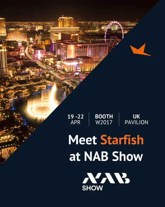 Image of Las Vegas in the top left, overlaid with a slanted dark blue shape with text in the bottom right corner that reads, "Meet Starfish at NAB Show" with the NAB logo underneath and the Starfish logo icon in the top right corner. 