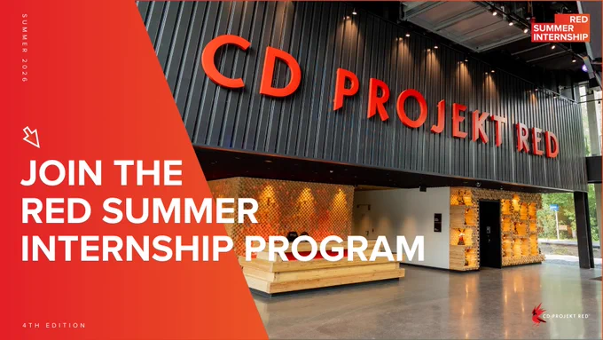 In bold letters text reads, “Join the RED Summer Internship Program.” A smaller subtitle reads, “4th Edition. Summer 2026”. In the background is a picture of a reception desk with CD Projekt Red’s company name hanging above it.
