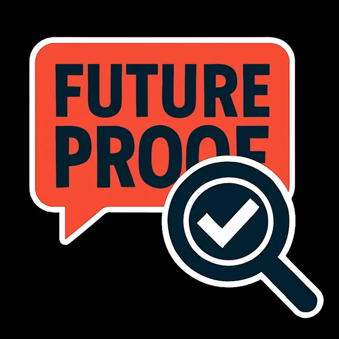 Future Proof logo - orange speech bubble with 'Future Proof in black capital letters, and a magnifying glass with a tick in the middle.