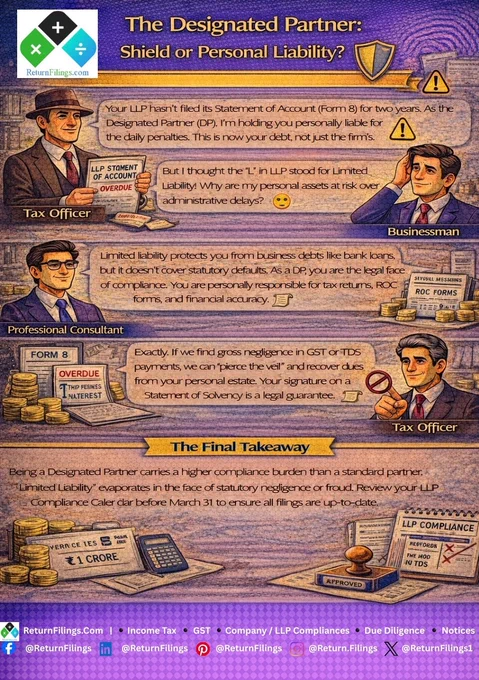 Image provided by ReturnFilings.Com it contains "But I thought my liability was limited!" 🗣️

In the world of LLP compliance, that "L" has its limits. ⚠️

As a Designated Partner, you aren't just a manager; you're the legal guarantor of the firm’s filings. 📉 If your LLP misses GST or ROC deadlines, the penalty becomes your personal debt—not just the firm's. 🚫

Tax officers can recover dues from your personal estate if they find statutory negligence. 🛡️ Don't let administrative delays put your home or savings at risk. Reconcile your compliance calendar today and file before the March 31 cutoff! ✨

#ReturnFiling #Returnfilings #LLP #DesignatedPartner #StartupCompliance #FinanceFacts #AuditReady #LegalProtection