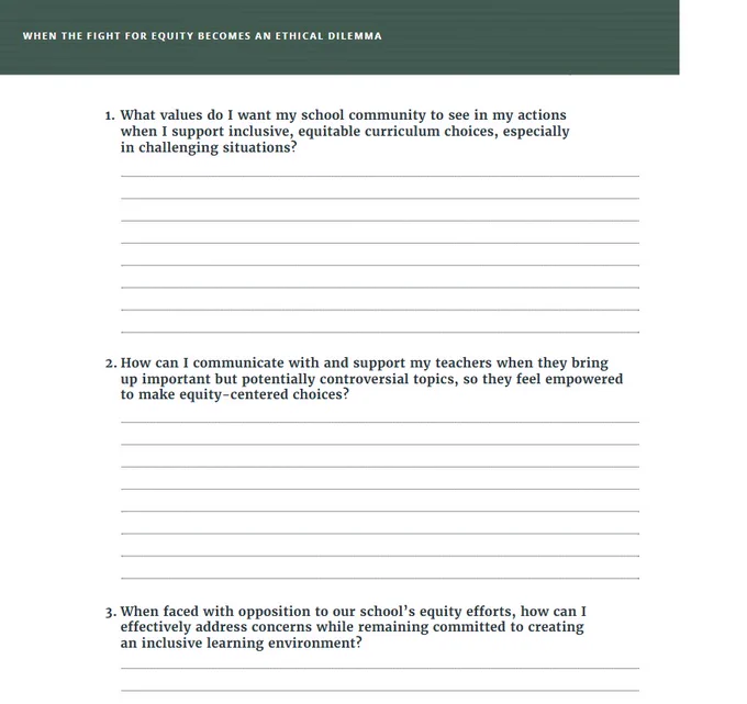 Screenshot from the seventh page in the linked document that reads "When the Fight for Equity Becomes an Ethical Dilemma," followed by three prompts to help gauge what is happening in your institution.