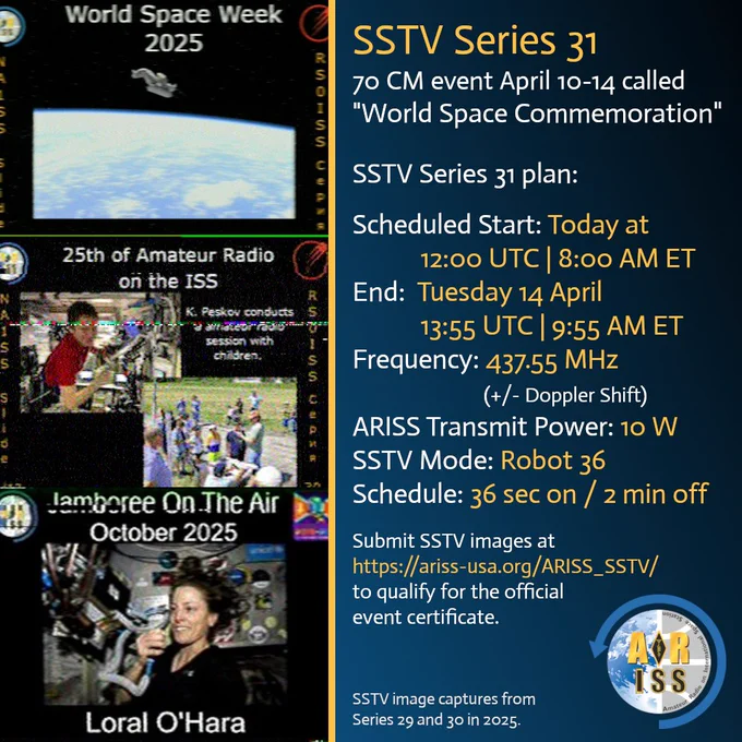 Graphic for SSTV Series 31, a 70 cm Slow Scan Television event from the International Space Station during World Space Week 2025. The left side shows three images: an Earth view from space labeled 'World Space Week 2025', Astronaut K. Peskov conducting an amateur radio session with children labeled '25th of Amateur Radio on the ISS', and Astronaut Loral O'Hara speaking during 'Jamboree On The Air October 2025'. The right side, on a dark blue background, lists event details in yellow and white text: SSTV Series 31 titled 'World Space Commemoration' runs April 10–14, 2025, on 437.55 MHz using Robot 36 mode, with a schedule of 36 seconds on / 2 minutes off, 10 W transmit power from ARISS. It includes instructions to submit SSTV images at the ARISS website to qualify for the official event certificate and displays the ARISS logo at the bottom.