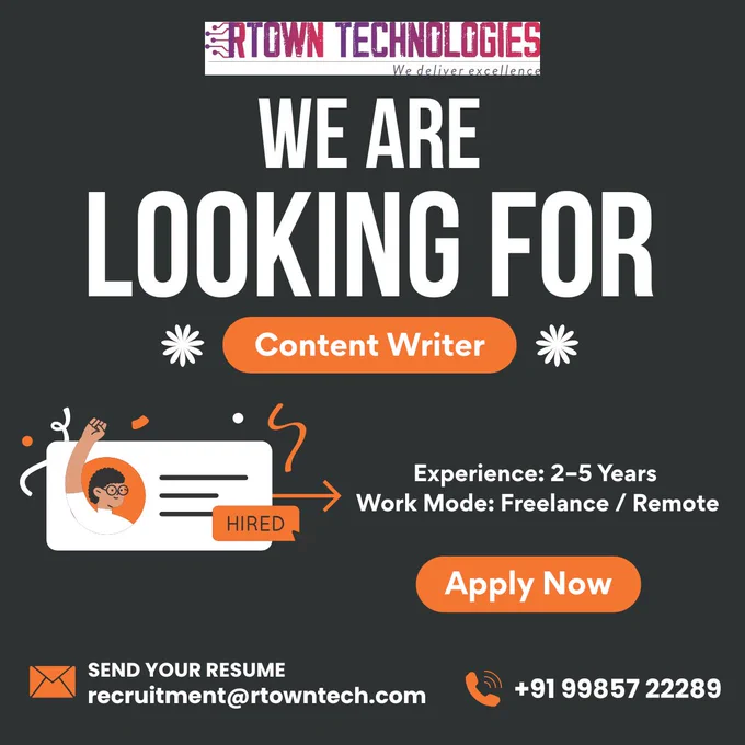 
🌍 Work Mode: Freelance / Remote🛠 Key Skills:
✔ Blog & Article Writing
✔ SEO Content Writing
✔ Website & Marketing Content
✔ Proofreading & Editing
✔ Creative Storytelling
📩 Send your resume & portfolio: recruitment@rtowntech.com


#RTownTechnologies #Hiring #ContentWriter #FreelanceJobs #RemoteJobs #SEOContent #WritingJobs ✍️🚀