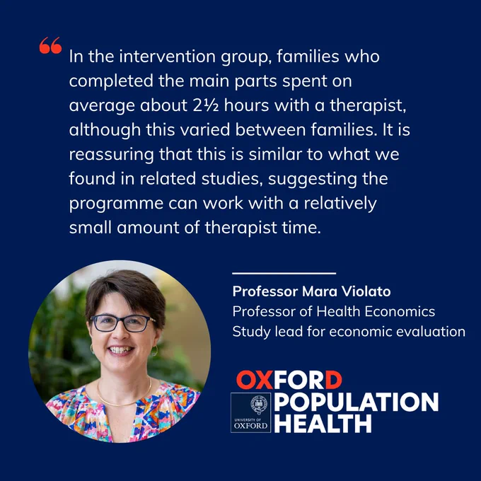 Navy blue background with a photo of Mara Violato, Professor of Health Economics and study lead for economic evaluation Quote reads: In the intervention group, families who completed the main parts spent on average about 2½ hours with a therapist, although this varied between families. It is reassuring that this is similar to what we found in related studies, suggesting the programme can work with a relatively small amount of therapist time.