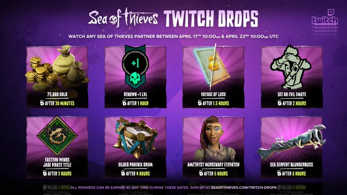 Sea of Thieves Twitch Drops are shown. They are (with the watch time needed to unlock) 75,000 gold (30 minutes), one level of Renown (one hour), a Voyage of Luck (one and a half hours), the See No Evil Emote (two hours), the Eastern Winds Jade Pirate Title (three hours), the Gilded Phoenix Drum (four hours), the Amethyst Mercenary Eyepatch (five hours) and the Sea Serpent Blunderbuss (six hours).