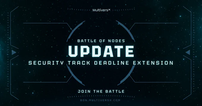A digital graphic features a space-themed design announcing an update on the Battle of Nodes, including a deadline extension for the Security Track.