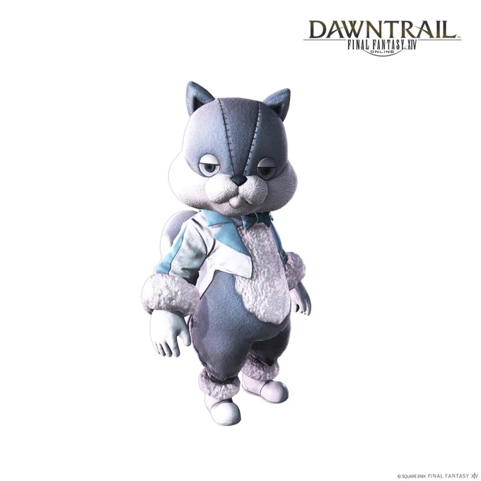 An image of Calyx in his rodent-like mu plush form, with a large gray and white head and suit while wearing a white jacket with blue lapels and bow tie.