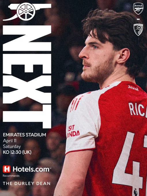 Next match graphic for Arsenal v AFC Bournemouth. Text reads: Emirates Stadium, April 11, Saturday, KO 12:30 (UK)