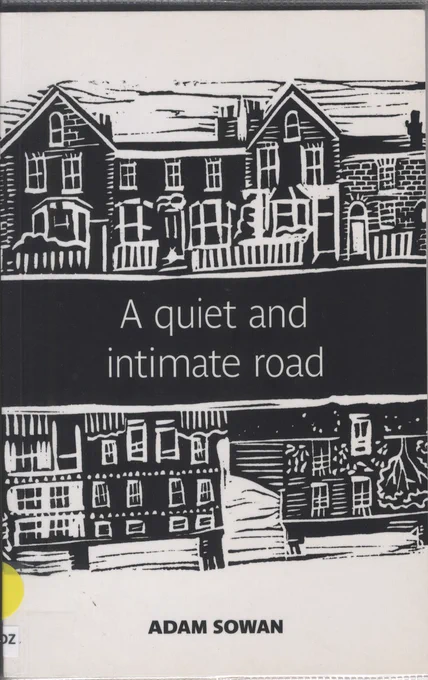 Black and white drawings of houses above and below the title, which is set in a black band representing the road surface.