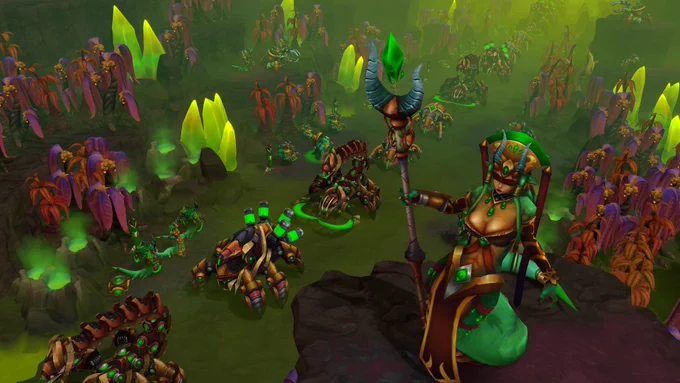 A green-themed landscape featuring Celeste, a powerful Lamia leader with a crystalline staff. Behind her, a technological army of insectoid-like machines and warriors moves through a toxic, crystalline valley.