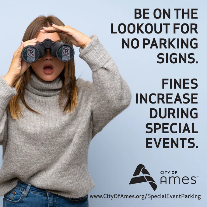 Person looking through binoculars. "Be on the lookout for no parking signs. fines increase during special events."