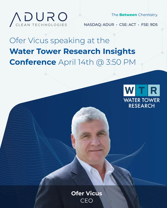 A graphic reads: "Ofer Vicus speaking at the  Water Tower Research Insights Conference April 14th @ 3:50 PM". The image features a photo of Ofer Vicus, and the Water Tower Research logo. The Audro logo and ticker symbols appear at the top with the tagline: The Between Chemistry.
