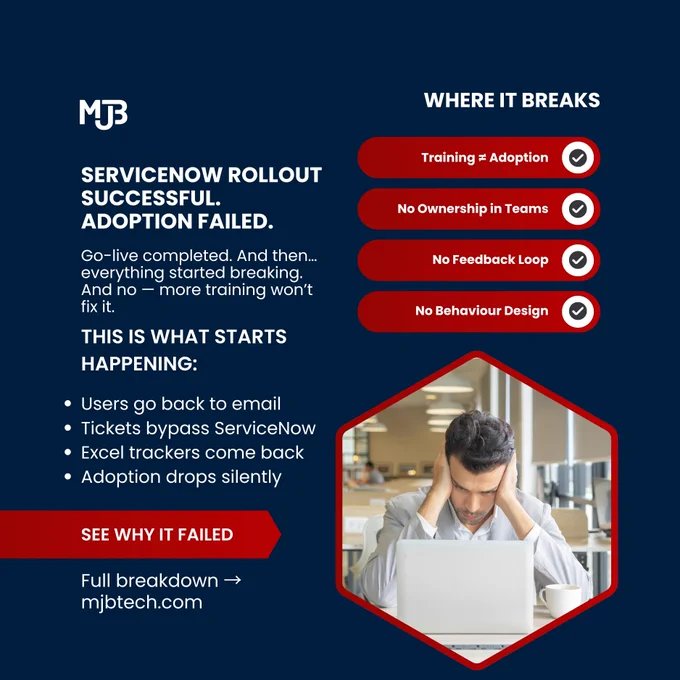 Your ServiceNow rollout didn’t fail.

Your adoption did.

Most teams fix the system.
Almost none design behaviour change.

That’s why adoption collapses after go-live.

We broke down the real model ↓
https://mjbtech.com/blogs/why-servicenow-adoption-fails-after-go-live-and-the-change-management-model-that-fixes-it

#ServiceNow #ITSM #UserAdoption #ChangeManagement #CIO