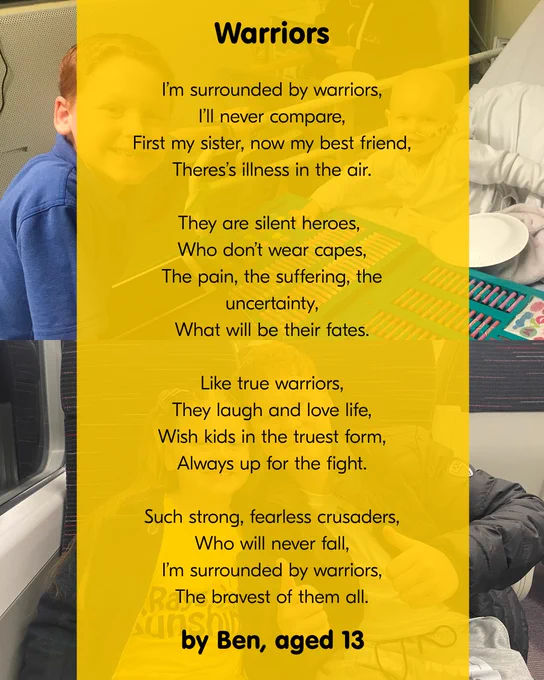 Poem "Warriors" by Ben, age 13, honoring children facing illness as brave heroes, overlaid on photos of smiling kids.
