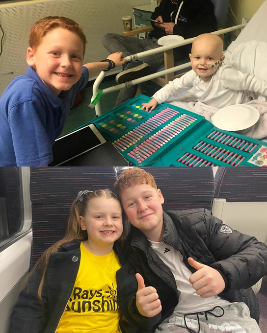Red-haired boy visiting a smiling infant patient with a nasal tube doing crafts; below, two kids on a train giving thumbs-up.
