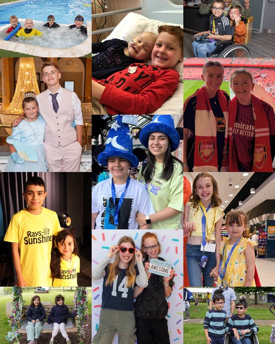 Smiling children at various activities—pool, hospital visit, costumes, sports fans and charity events.