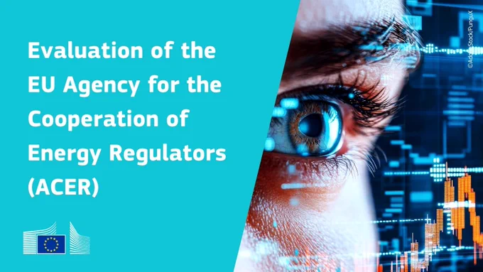Evaluation of the EU Agency for the Cooperation of Energy Regulators (ACER). Photo on the right showing a close up of the eye of a female person and data on screens in the background.