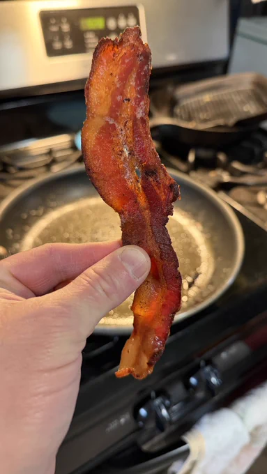 A slice of delicious bacon, fried crisp and full of flavor.