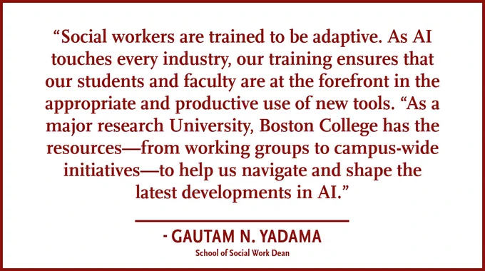 The image contains a quote about social workers and AI, emphasizing training and adaptation. It mentions Boston College as a major research university with resources to guide developments in AI. The quote is attributed to Gautam N. Yadama, School of Social Work Dean.