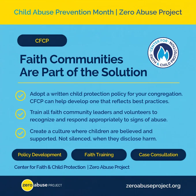 Program Spotlight graphic for Child Abuse Prevention Month from Zero Abuse Project. Features a headshot of Victor Vieth, Chief Program Officer of Education & Research at the Center for Faith & Child Protection (CFCP). Text reads: 'Helping Faith Communities Protect Children. CFCP helps faith communities recognize grooming behaviors, establish effective child protection policies, respond appropriately when concerns arise, and support survivors with compassion and care.' The CFCP logo appears in the lower right. Zero Abuse Project logo and website zeroabuseproject.org are shown at the bottom.