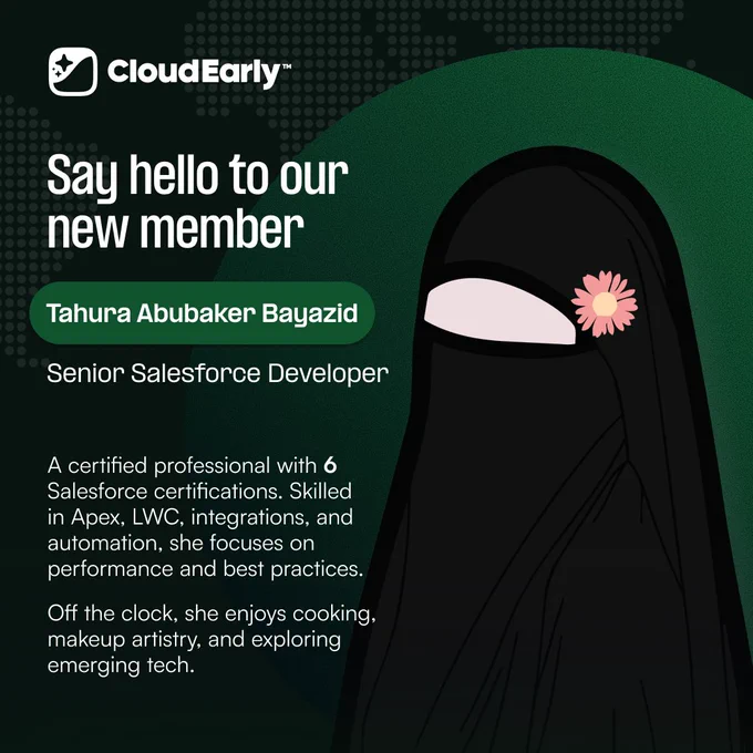A dark green onboarding graphic from CloudEarly introducing Tahura Abubaker Bayazid as a Senior Salesforce Developer, highlighting her 6 certifications, technical skills in Apex, LWC, integrations, and automation, with an illustrated portrait of her wearing a black niqab with a pink flower detail.