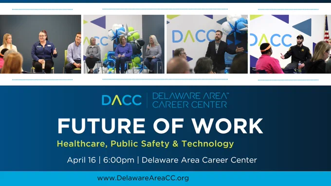 Large group of people attending an event called "Future of Work" hosted by the Delaware Area Career Center, focused on healthcare, public safety and technology.
