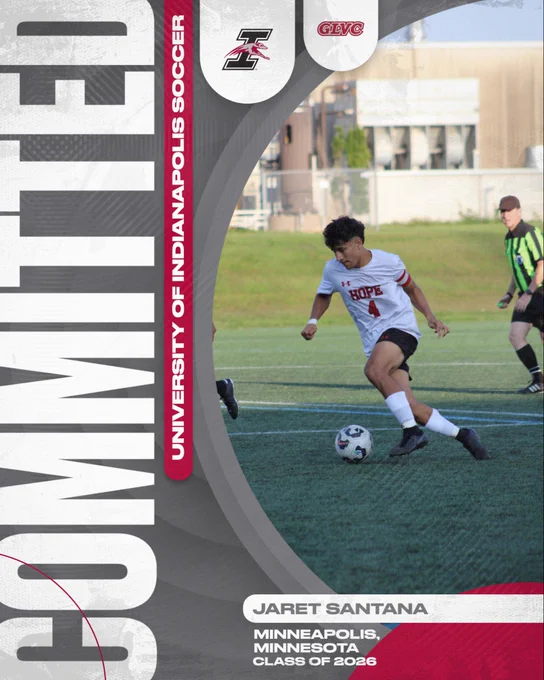 Graphic welcoming, Jarrett Santana as newest university of Indianapolis men’s soccer recruit.