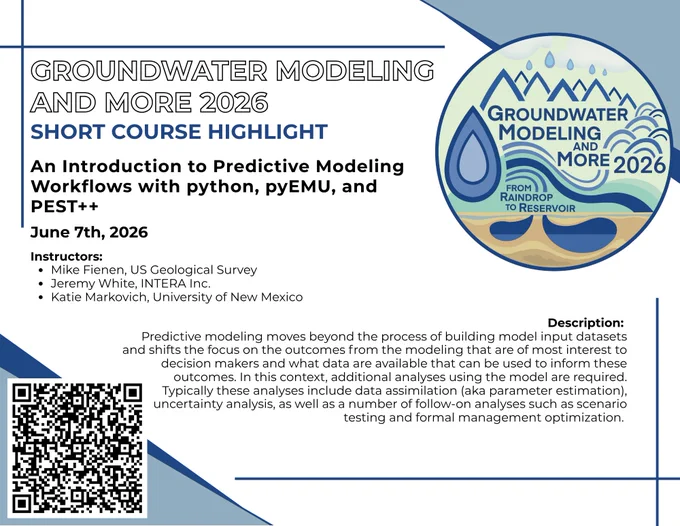 Alt-text: Promotional graphic for Groundwater Modeling and More 2026 An Introduction to Predictive Modeling Workflows short course, taking place on June 7th. The mostly white design includes blue accents in the corners and the conference logo at the top right. Centered text lists the instructors and describes the course. A QR code at the bottom left links to the short course website.