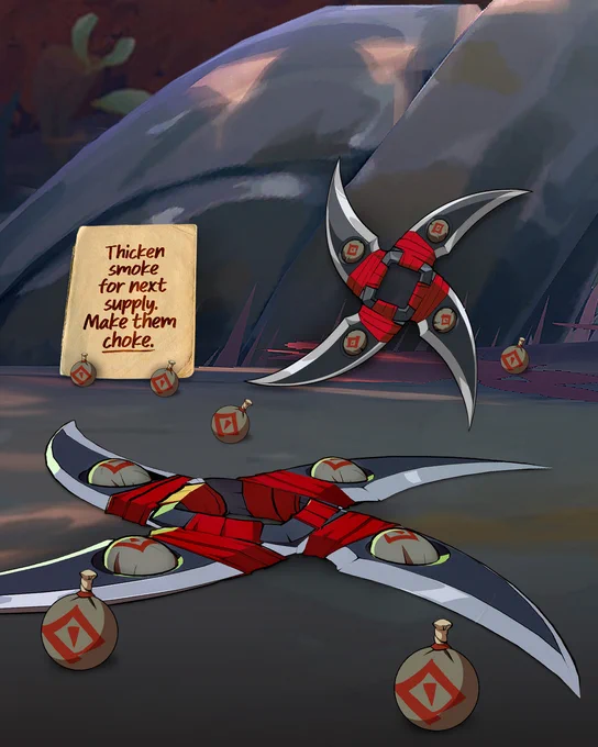 Two of Akali's shurikens lie on the ground, with smoke bombs scattered around them. A paper note with a handwritten message reads: "Thicken smoke for next supply. Make them choke."