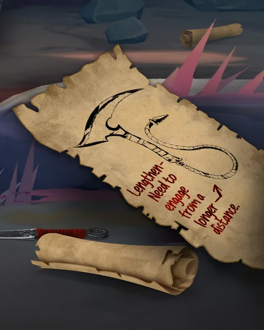 An ink drawing of Akali's kama appears on a piece of paper. A handwritten note reads: "Lengthen - need to engage from a longer distance."