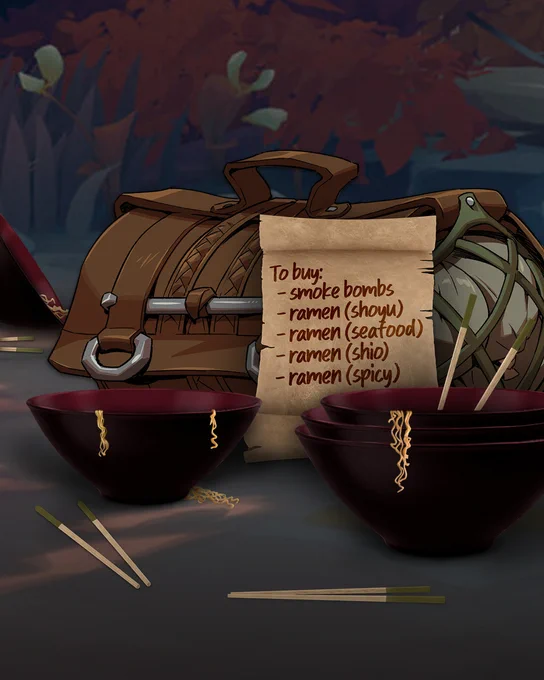 A brown bag sits on the ground, next to four empty bowls of ramen. A handwritten note reads: "To buy: smoke bombs, ramen (shoyu), ramen (seafood), ramen (shio), ramen (spicy)."