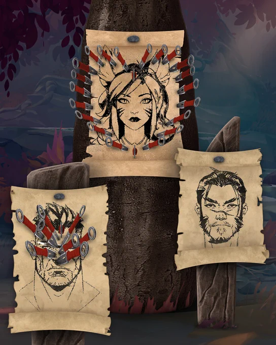 Pinned-up posters featuring ink drawings of Ahri, Yasuo, and Darius. Kunai are stabbed into the center of Darius's face, and they form a heart shape around Ahri.