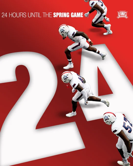 A bold red promotional graphic showing four football players in white uniforms running across a large white “24.” At the top, text reads “24 HOURS UNTIL THE SPRING GAME,” with a UWG logo in the corner. The players appear in motion at different angles, creating a dynamic countdown design.