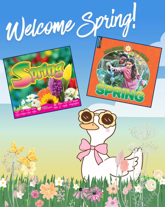 Welcome spring! Bright flowers, cheerful cartoon character, and two spring books with bold lettering.