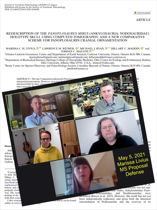 First page of the Livius et al. (2026) article in JVP: https://bit.ly/48oGPZG. Superimposed on the page is a Zoom screen capture of Marissa Livius' master's proposal defense from May 2021 with Jordan Mallon, Witmer, Hillary Maddin, Michael Ryan, and Marissa. 