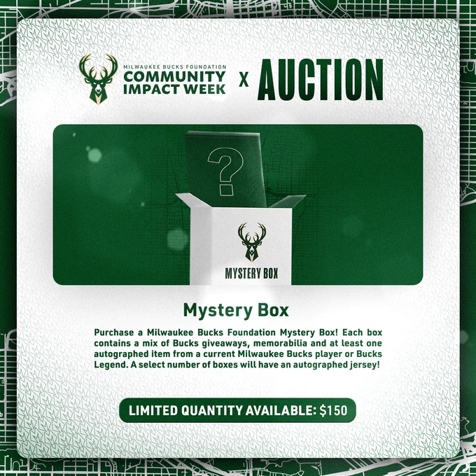 A graphic showing a Milwaukee Bucks Mystery Box.