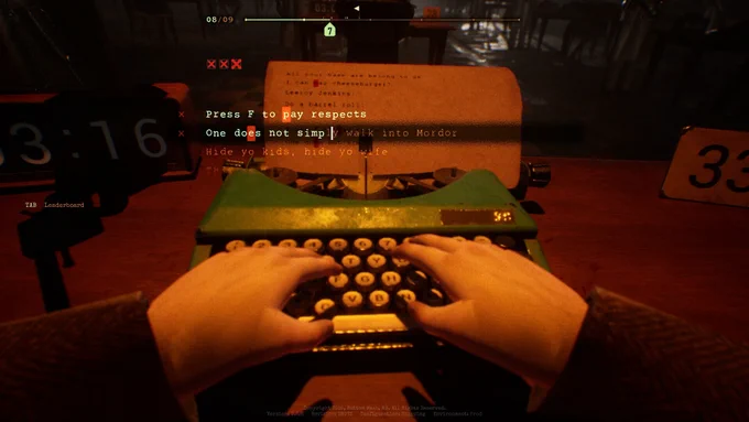 Screenshot from the game, Final Sentence, a battle-royale typing game. It's a point of view of someone typing on a typewriter, with a sentence that's been correctly spelt above that reads "One does not simply walk into Mordor".