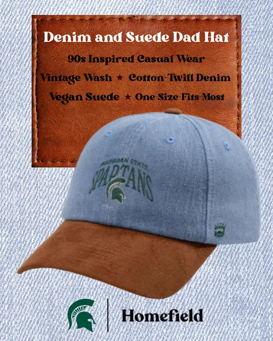 Denim and suede “dad hat” with Michigan State Spartans logo, featuring a blue denim crown and brown suede brim with vintage-style branding text.
