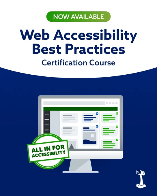 A dark blue graphic with green and white accents displays the message: Web Accessibility Best Practices certification course now available from Class Intercom.