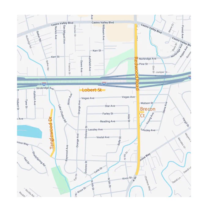 Map showing part of Redwood Road and all of  Tanglewood Drive highlighted in yellow where construction will occur.