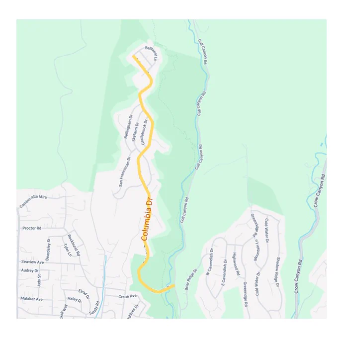 Map showing Columbia Drive highlighted in yellow where construction will occur.