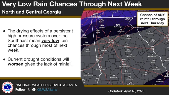 On the right, a map of chances for any rainfall through next Thursday. On the left, forecast details.