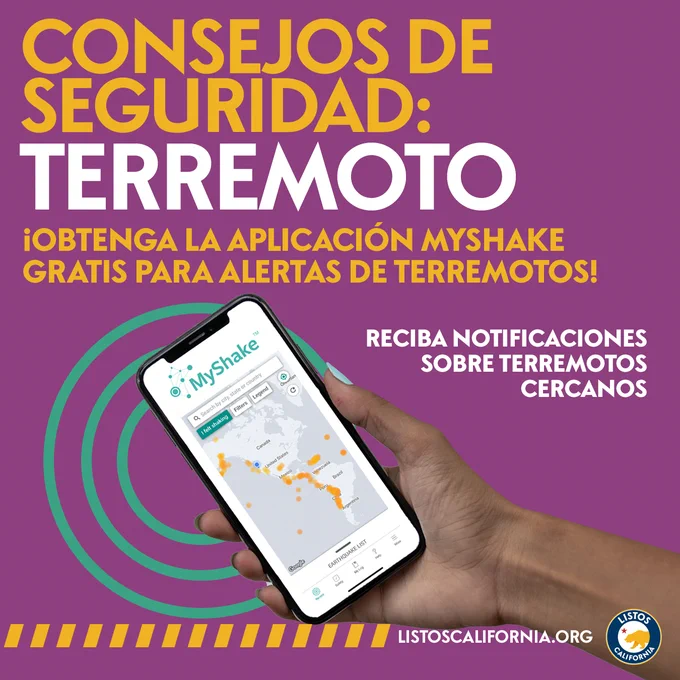 Consejos De Seguridad: Terremoto. ¡Obtenga la aplicación MyShake gratis para alertas de terremotos! Reciba notificaciones sobre terremotos cercanos.