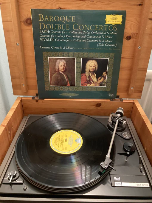 A Dual CS505-2 turntable playing a Deutsche Grammofon LP of a selection of Bach and Vivaldi Double Concerti.