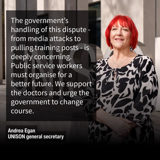 Photo of Andrea Egan outside UNISON building: "The government’s handling of this dispute - from media attacks to pulling training posts - is deeply concerning. Public service workers must organise for a better future. We support the doctors and urge the government to change course."